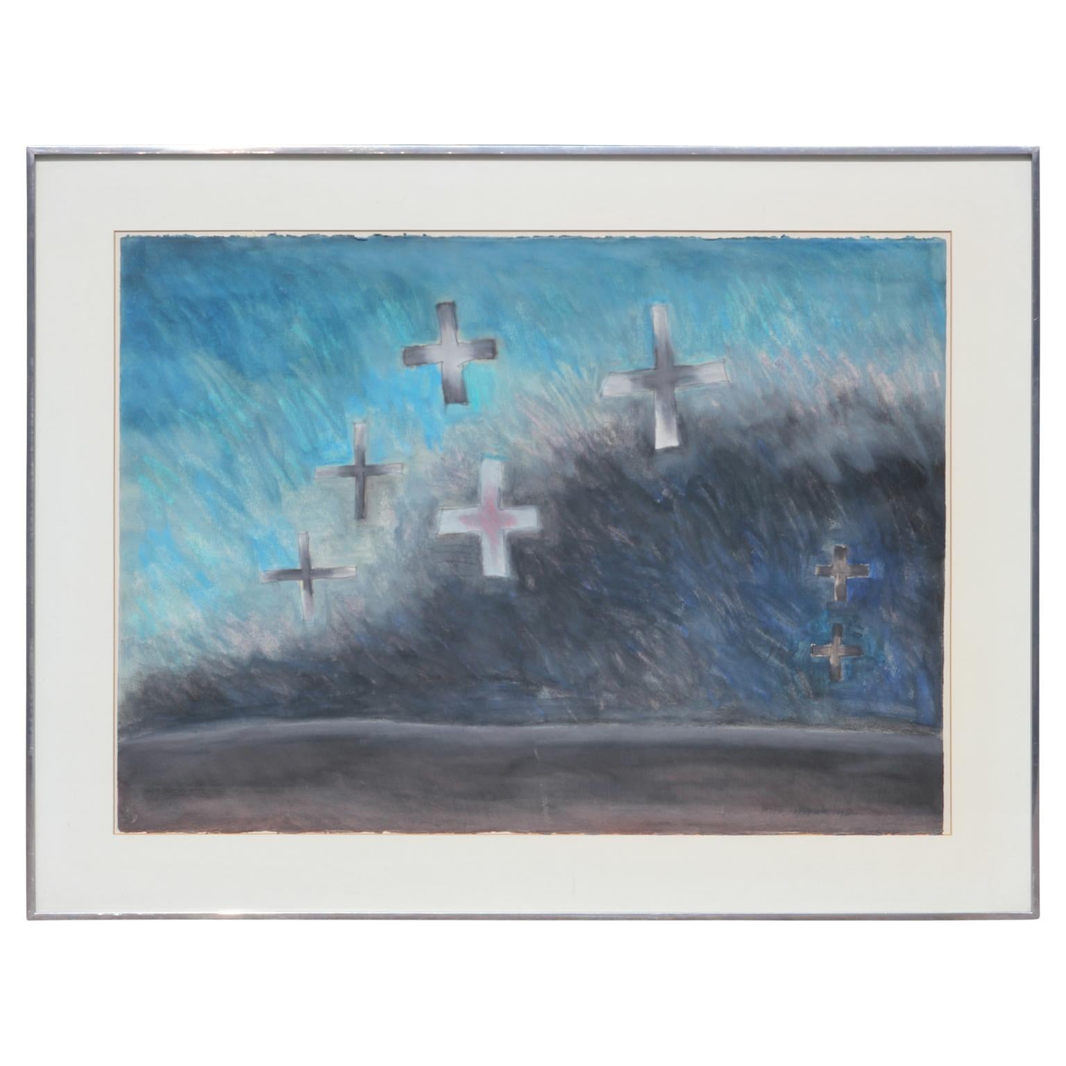 Peter Keefer Abstract Painting - Modern Abstract Watercolor Blue Cross Landscape