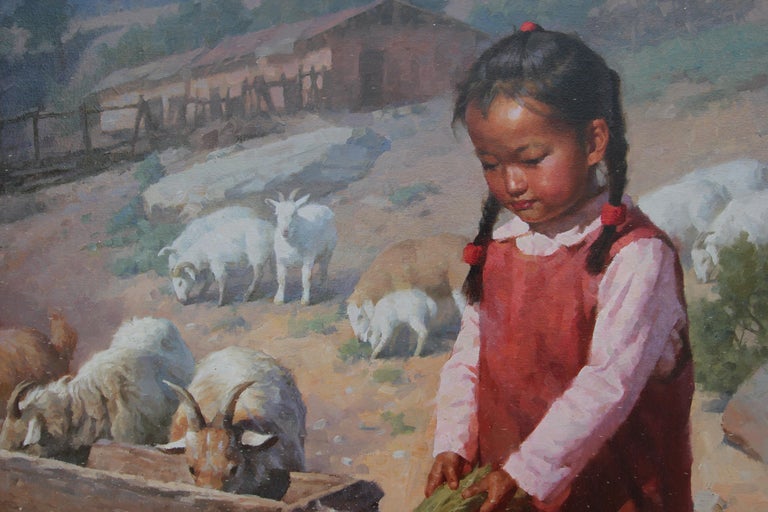 Figurative landscape oil painting of a young girl and boy feeding young goats. The painting is signed by the artist and attached to the back is an Jackson Hole Art Auction tag. The canvas is framed in a gold frame. 
Dimensions without Frame: H 30 in
