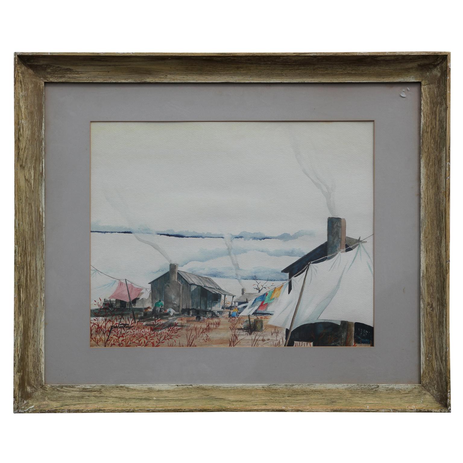Landscape Painting Lem Palmer - Aquarelle de paysage stylisée rurale