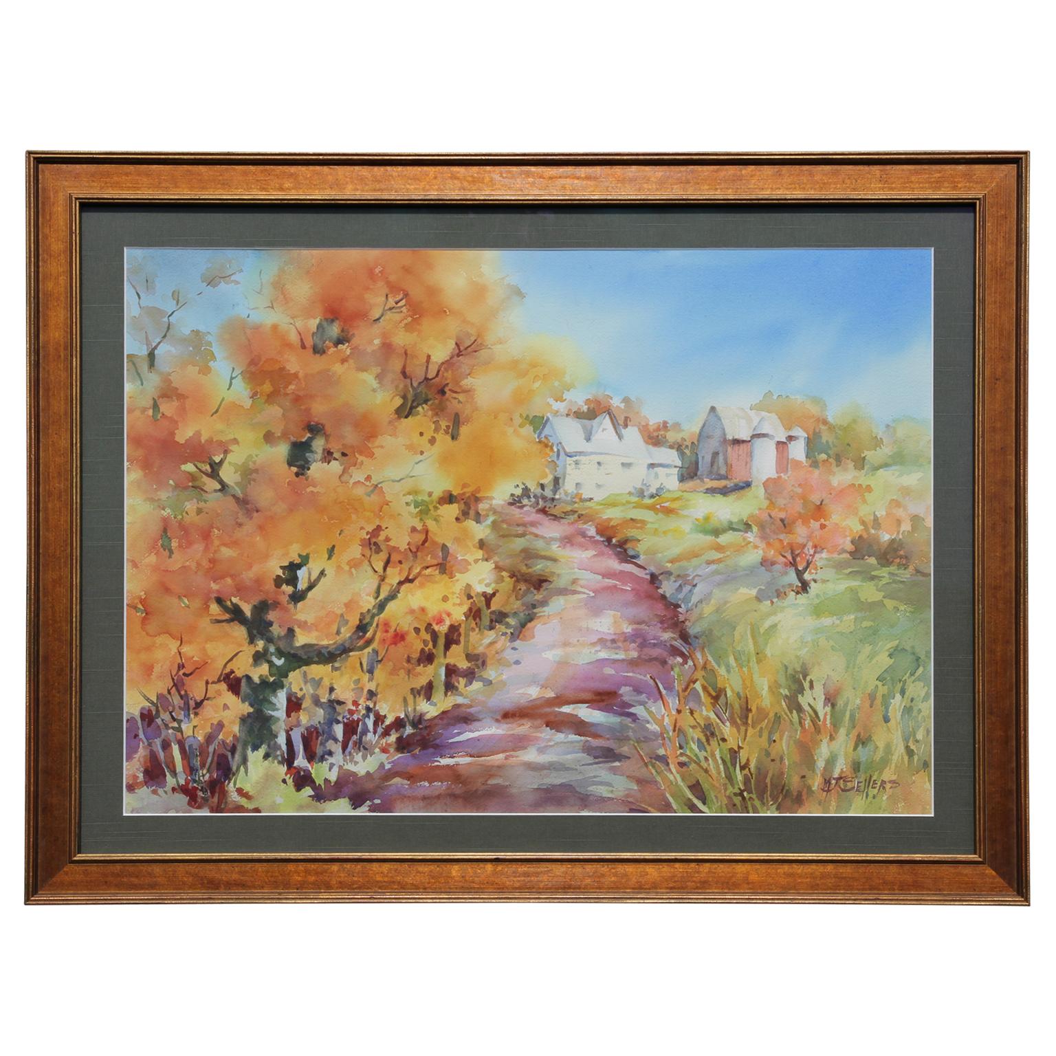 Mabel Sellers Landscape Painting - Untitled Italian Rural Fall Landscape Watercolor Painting