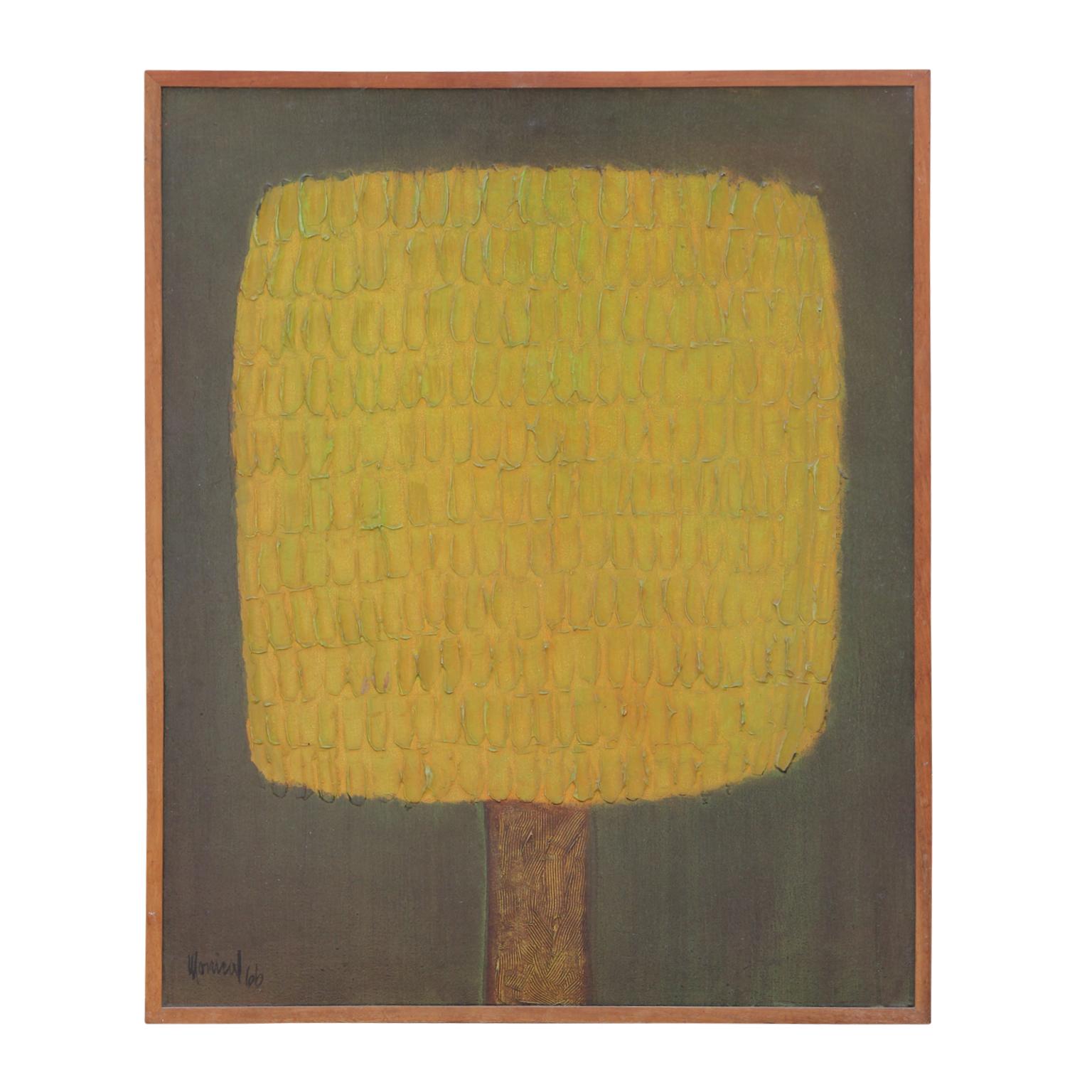 Bruce Monical Abstract Painting - "Autumn" Modern Minimal Yellow Textured Tree Painting