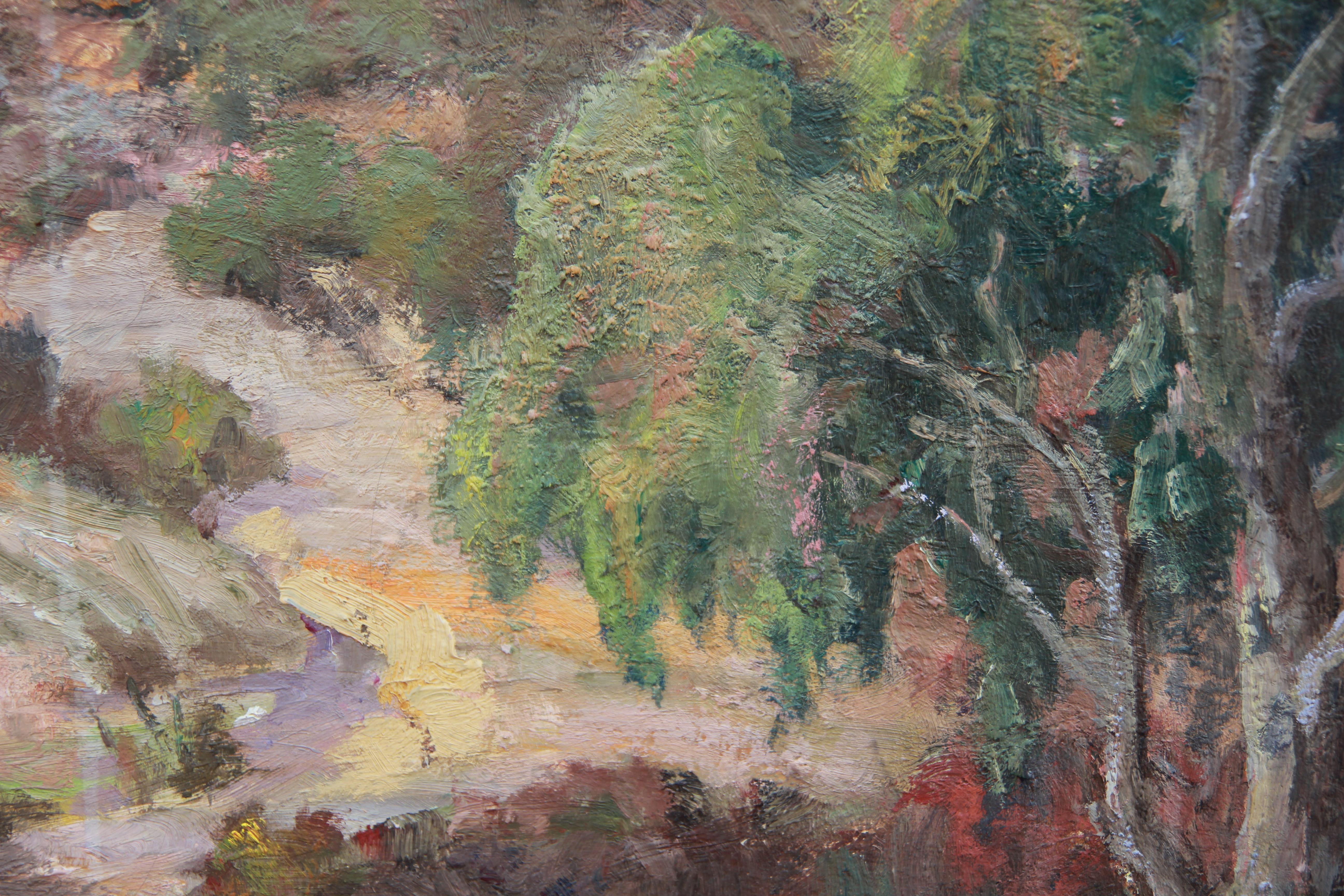 California landscape painting of a rural landscape in an impressionist style. The work is signed and titled by the artist on the bottom of the canvas and the back of the canvas.
Dimensions without Frame: H 26 in x W 32 in x D 1 in. 

Artist