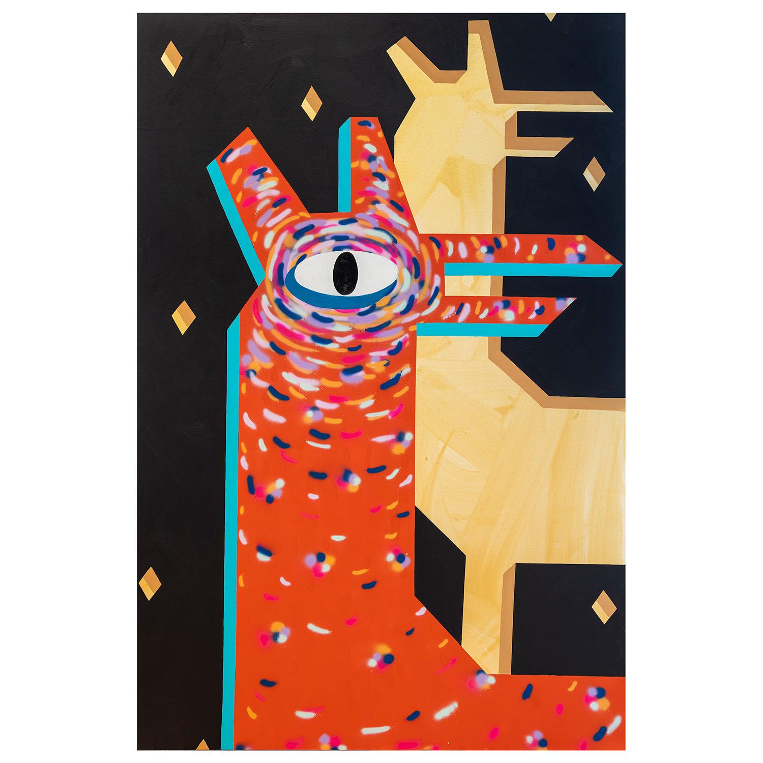 Cecilia Beaven Animal Painting – Zeitgenössisches geometrisches Hirschgemälde ""Night Deer" Massive abstrakte orangefarbene Tonierung