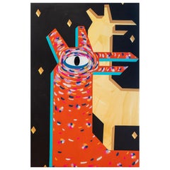 Vintage "Night Deer" Massive Abstract Orange Toned Contemporary Geometric Deer Painting