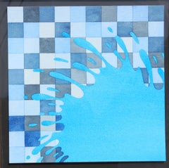 Blue Splat on Checkered Background Watercolor
