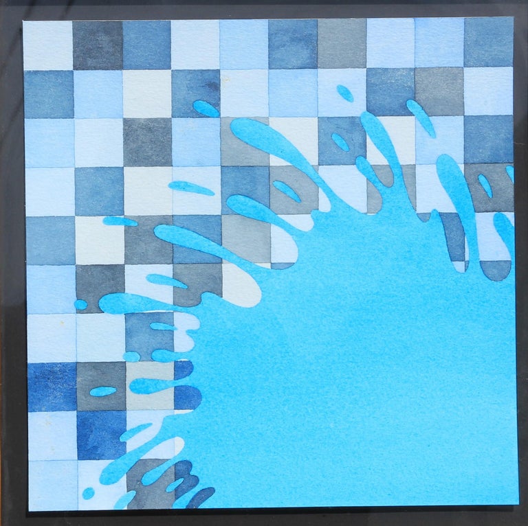 Blue Splat on Checkered Background Watercolor - Contemporary Art by Aaron Parazette