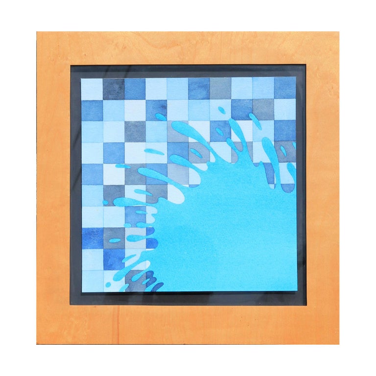Blue Splat on Checkered Background Watercolor - Art by Aaron Parazette