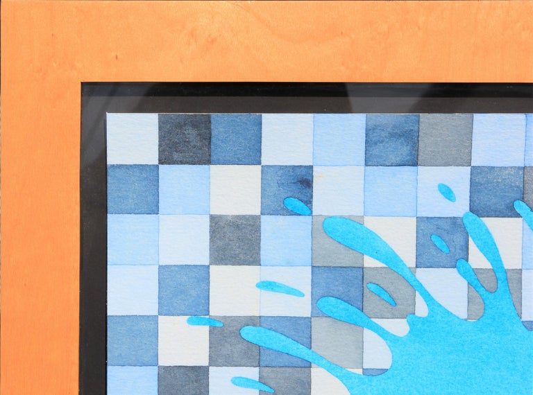 Abstract watercolor that incorporates a variety of blue tones with a checkered background covered partially by a large 