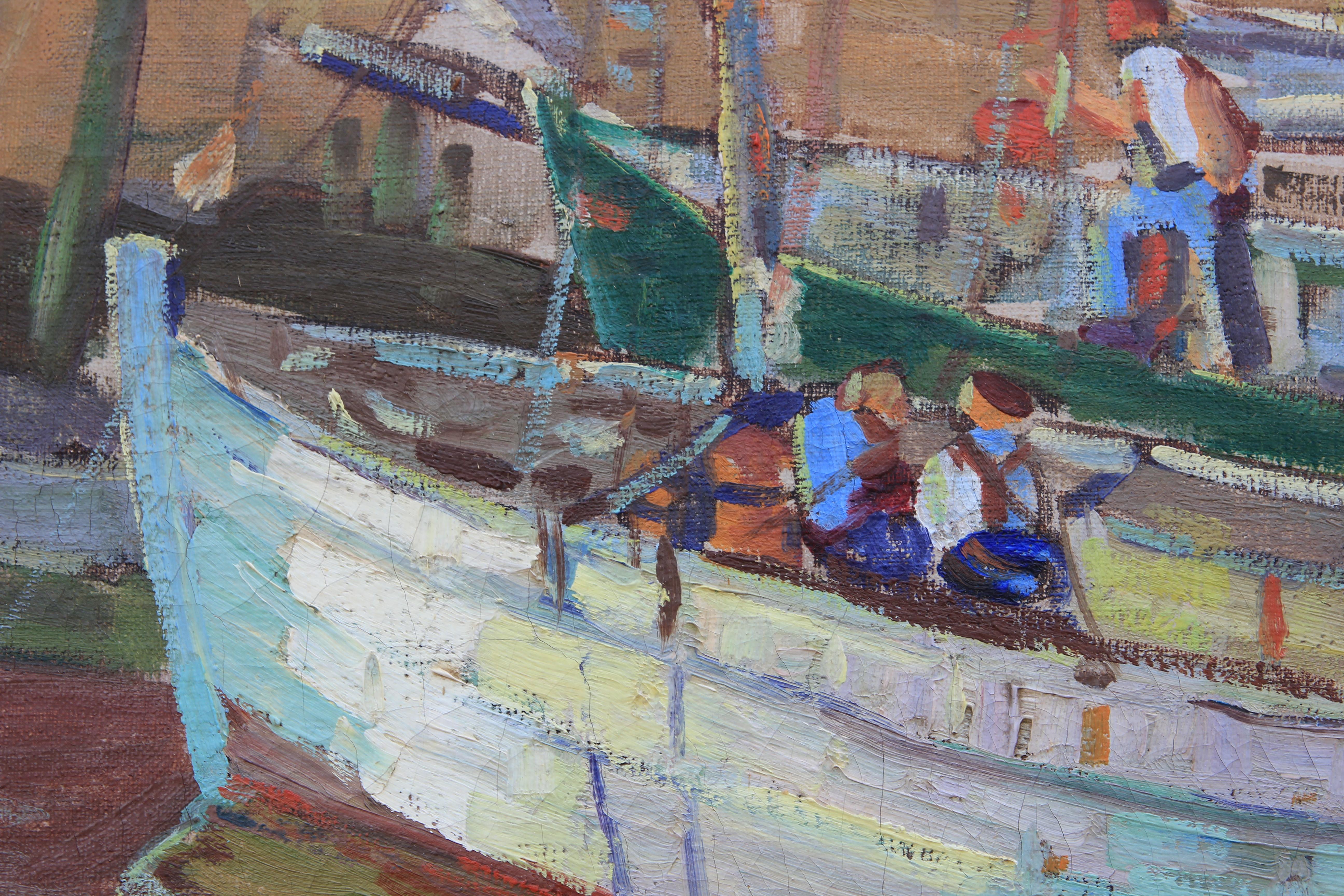 Paysage marin impressionniste de bateaux de pêche - Impressionnisme Painting par H. Robert Smith