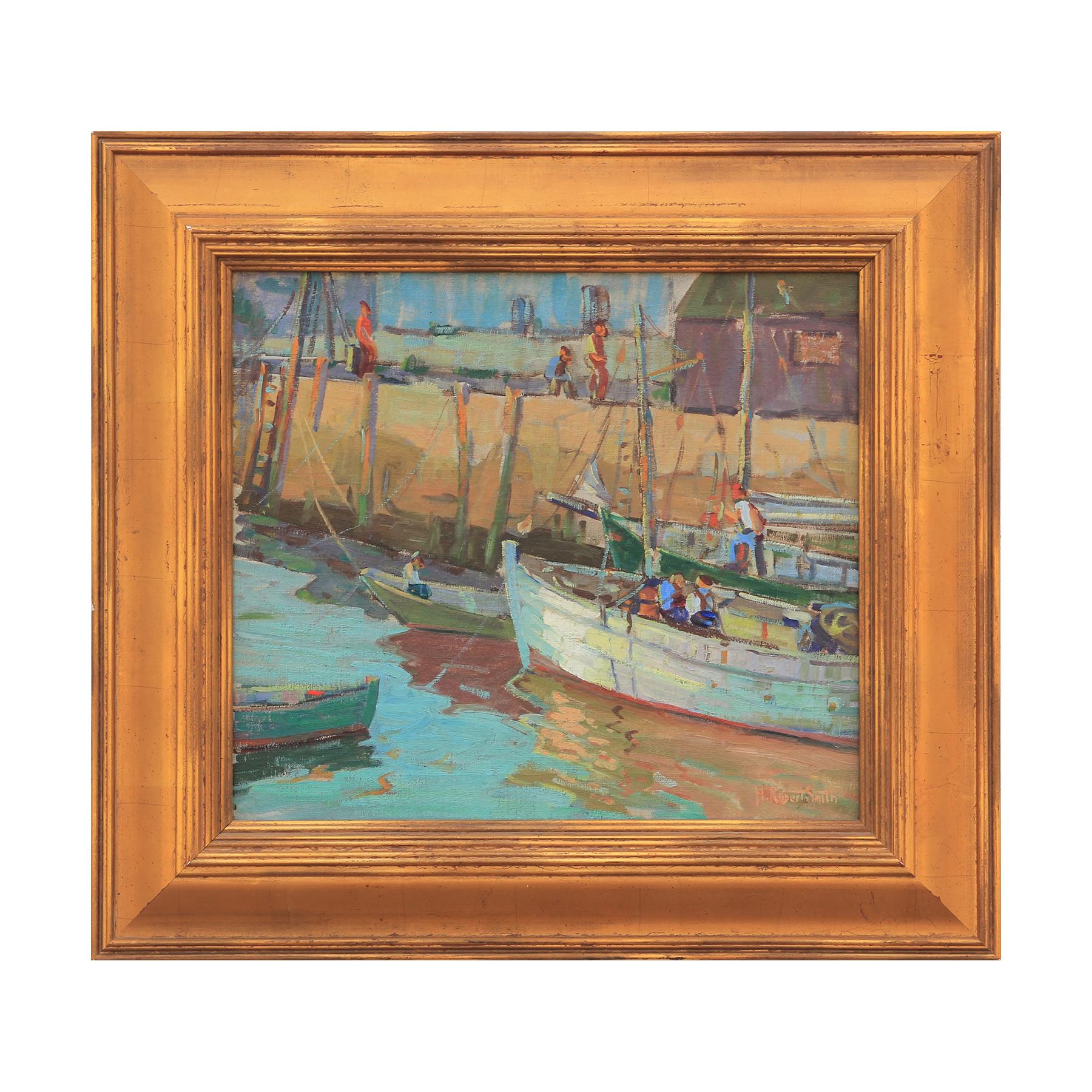 Landscape Painting H. Robert Smith - Paysage marin impressionniste de bateaux de pêche
