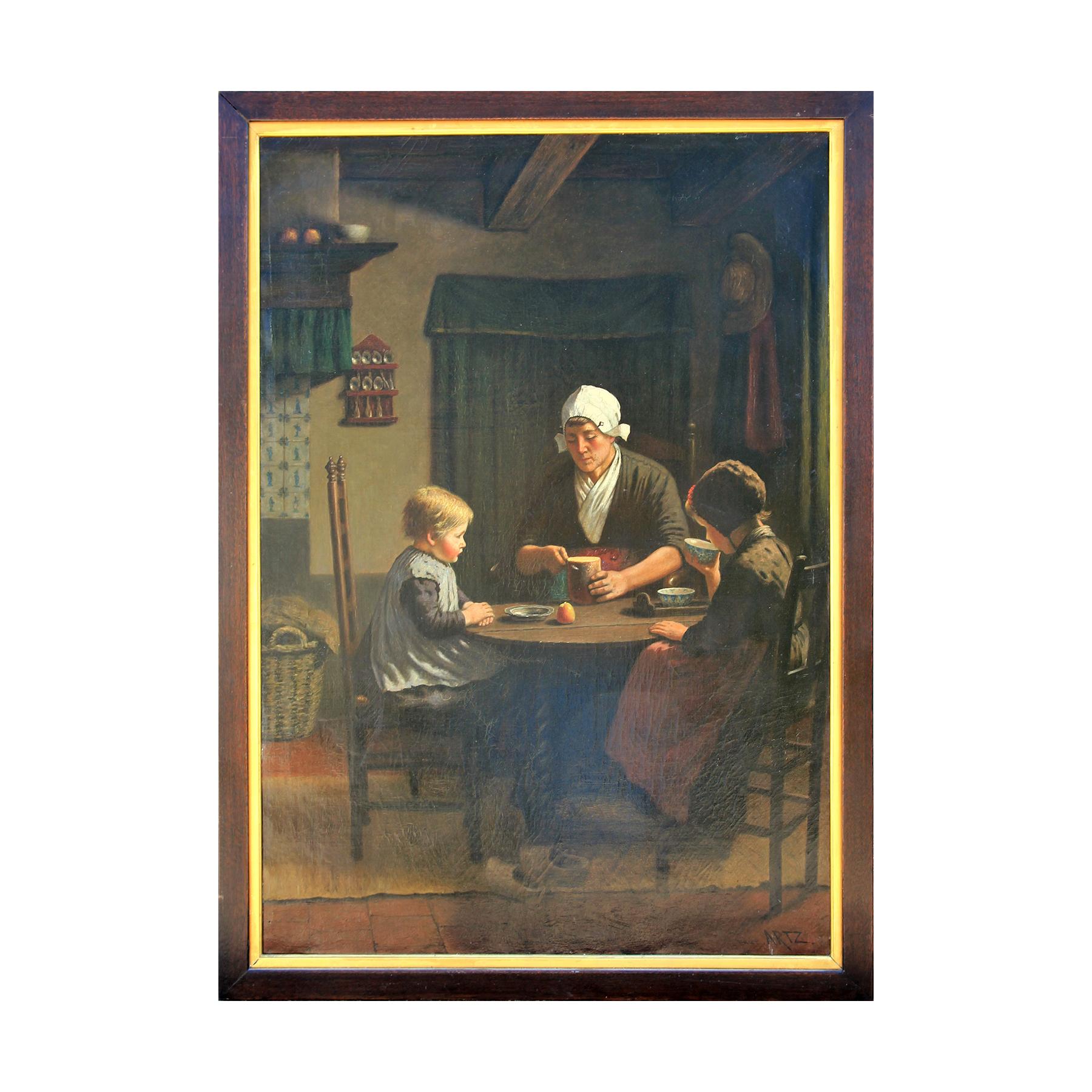 "Midday Meal" Portrait of Woman and Two Children Seated at Table