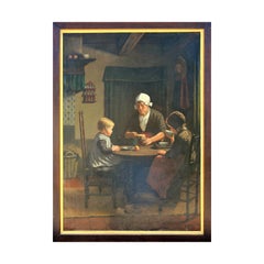 Used "Midday Meal" Portrait of Woman and Two Children Seated at Table