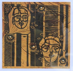 "Distance 1/5" Mixed Media Print of Two Faces on Marbled Paper
