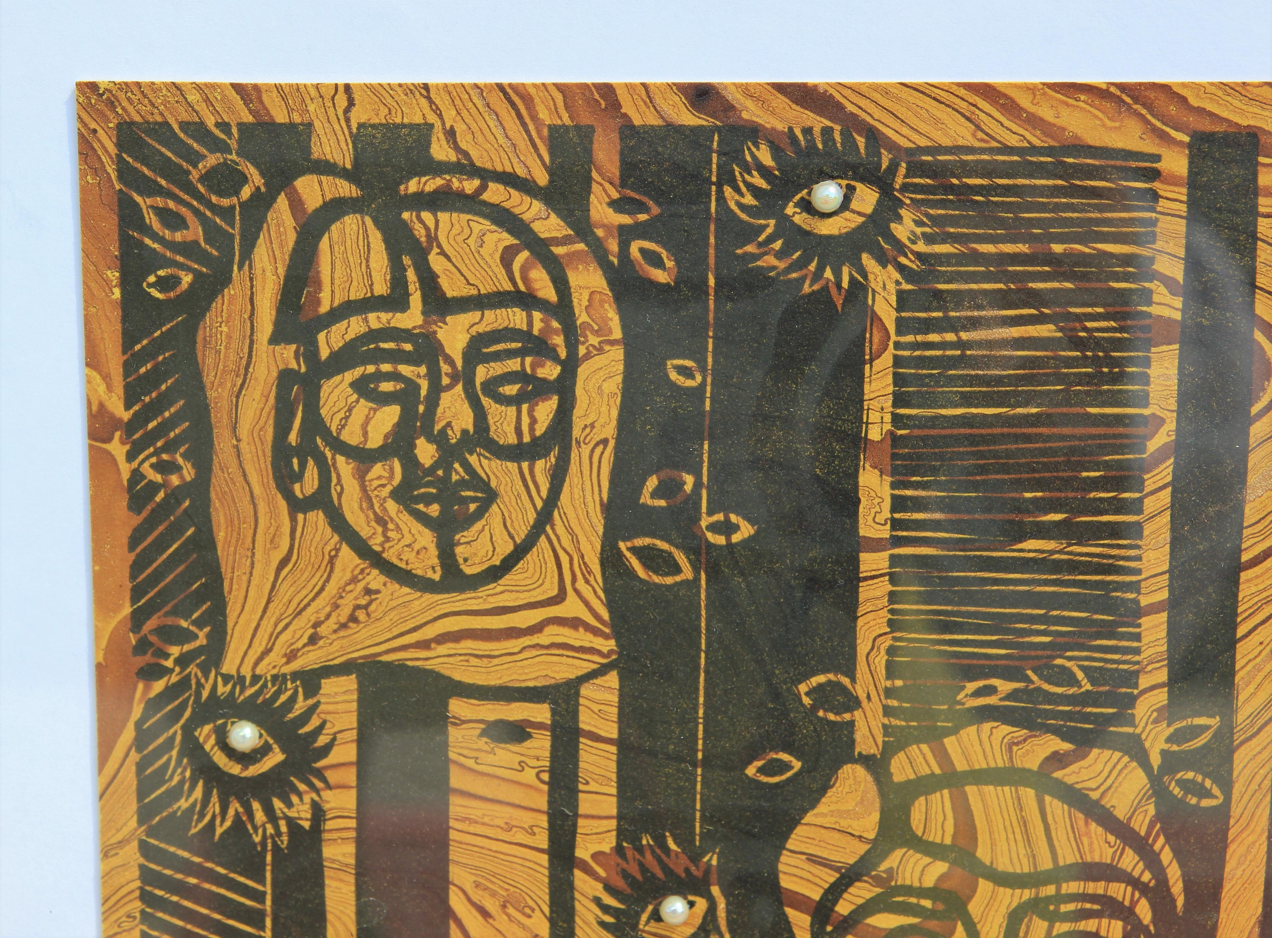 Courtney Khim block print on marbled paper that incorporates hues of gold, black and brown. The print consists of two figures surrounded by floating eyes that are adorned with pearlesque rhinestones. The pieces is signed, titled, and dated by the
