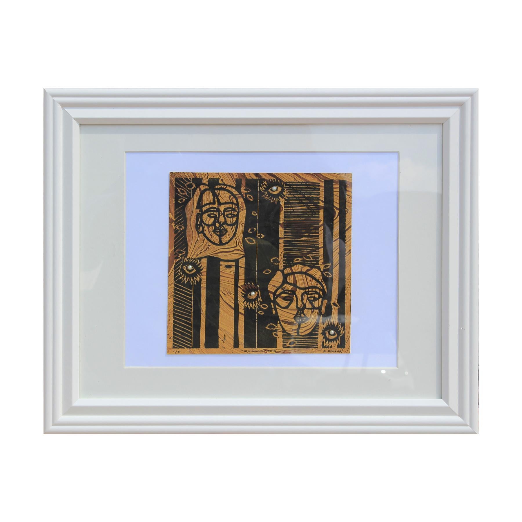 Abstract Print di Courtney Khim - "Distanza 1/5" Stampa a tecnica mista di due volti su carta marmorizzata