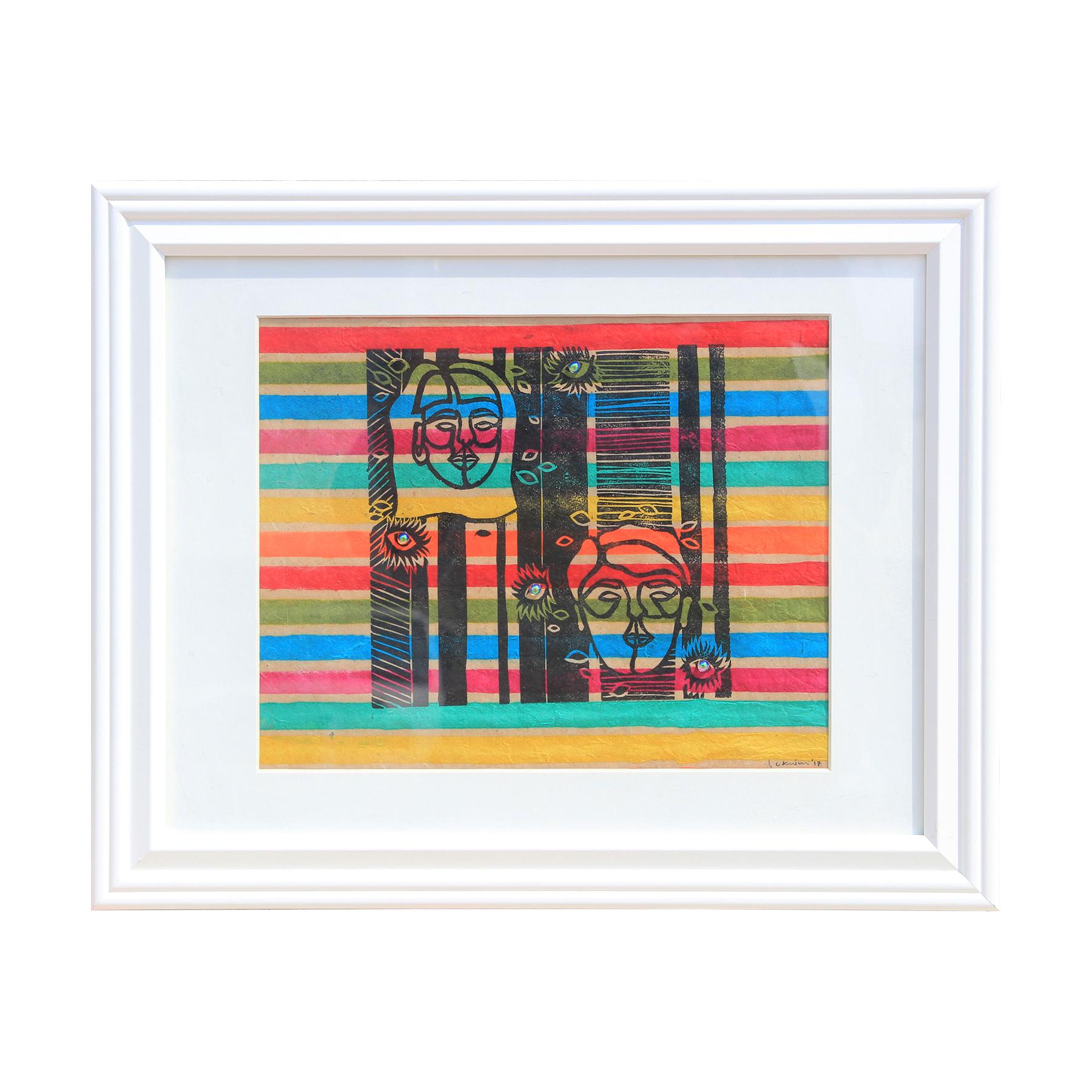 Courtney Khim Abstract Print - "Distance" Print on Rainbow Striped Paper