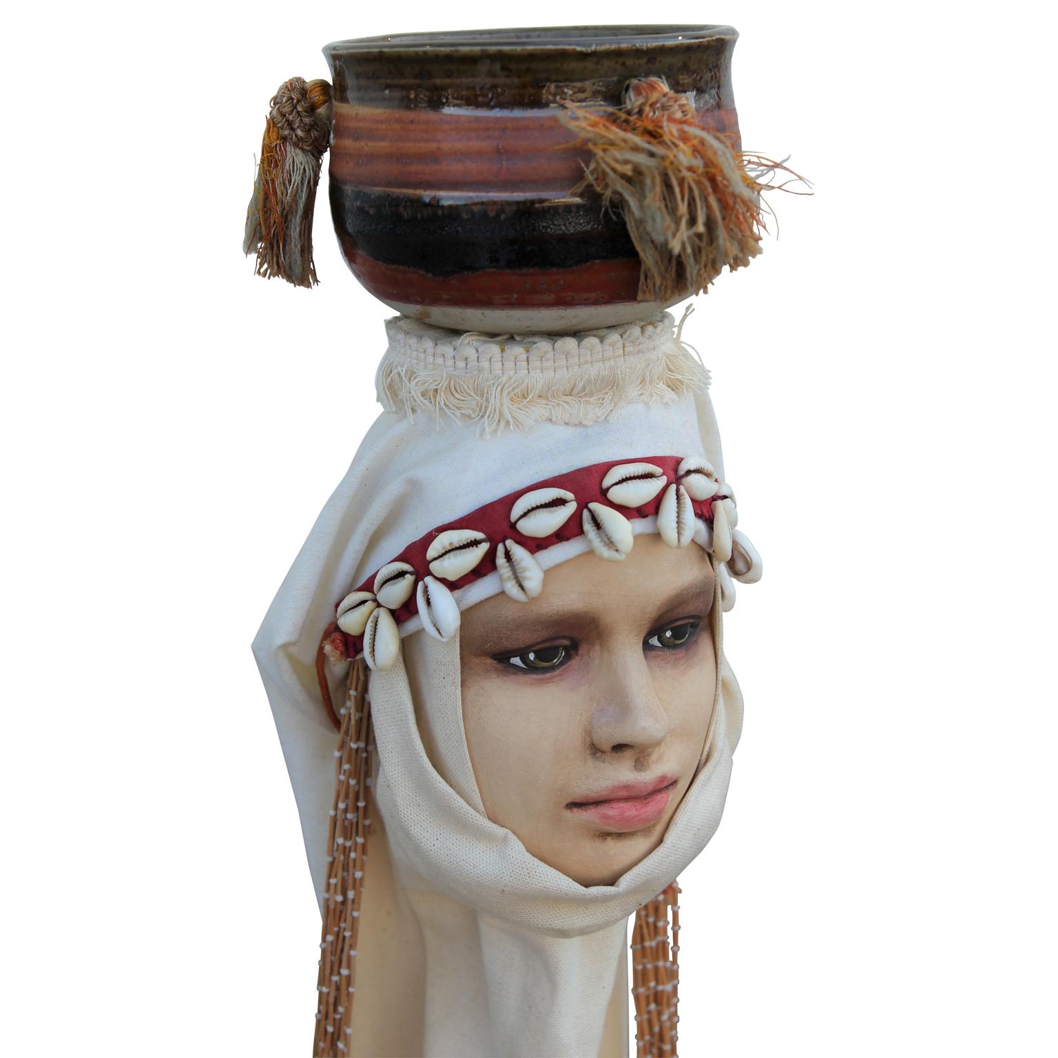 Mixed Media Sculpture of Female with Ceramic Pot on Head  - Gray Figurative Sculpture by Wesley F. Walberg