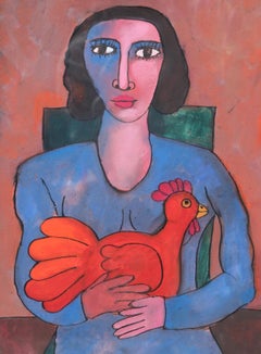 Colorful Abstract Mexican Folk Portrait of a Woman Holding a Chicken