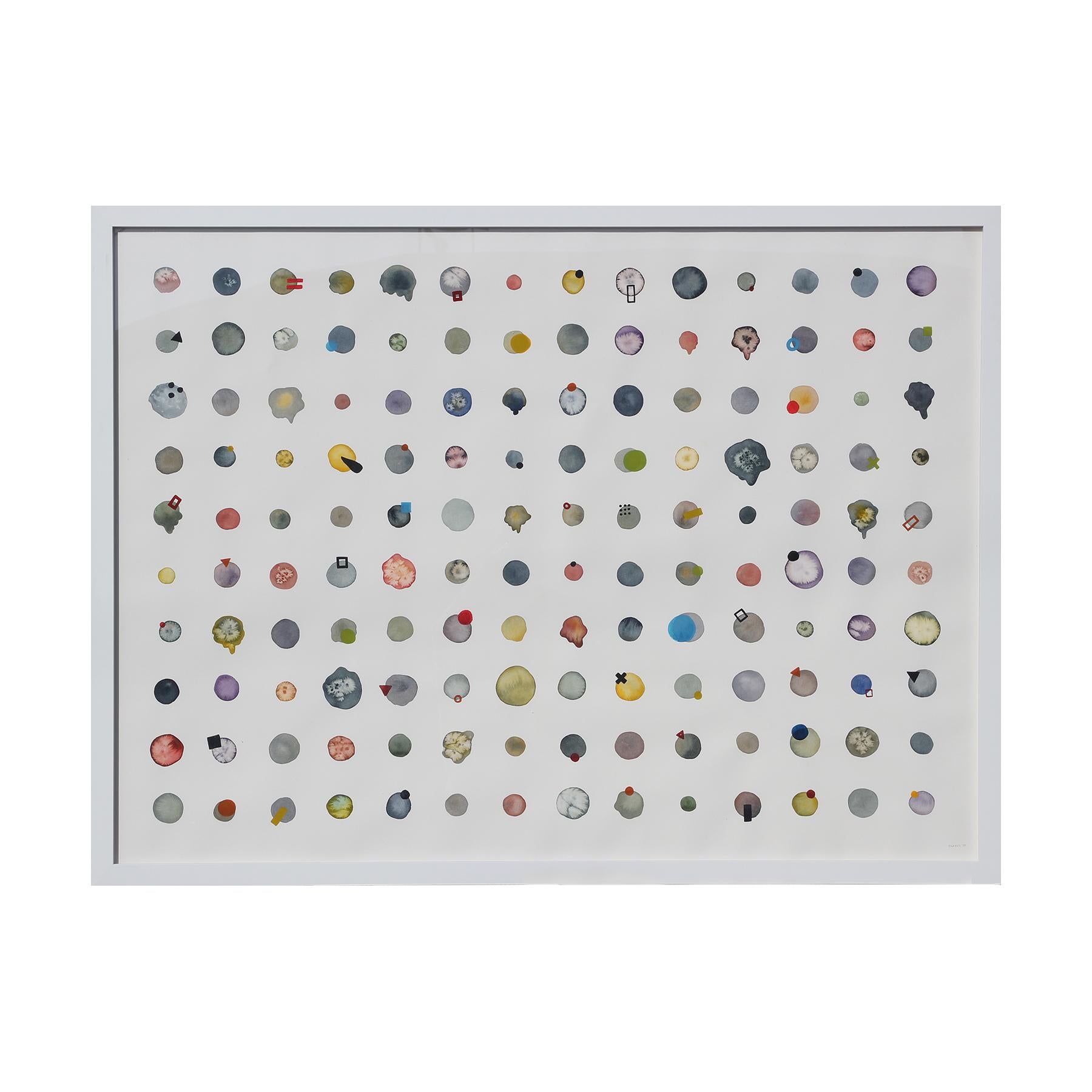 Tina Ruyi Abstract Drawing - "Little Dots #3" Watercolor Dot Grid with Geometric Organic Forms Painting 