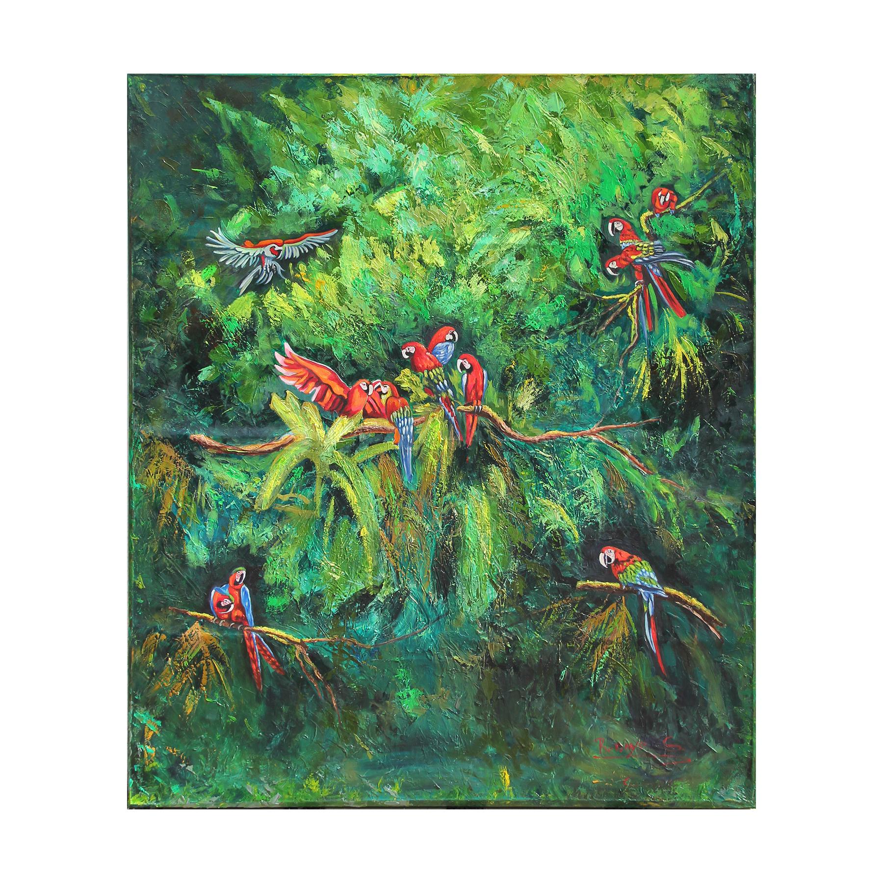 Leonard Robayo Animal Painting - Large Scale Tropical Colorful Parrot Jungle Landscape Oil Painting
