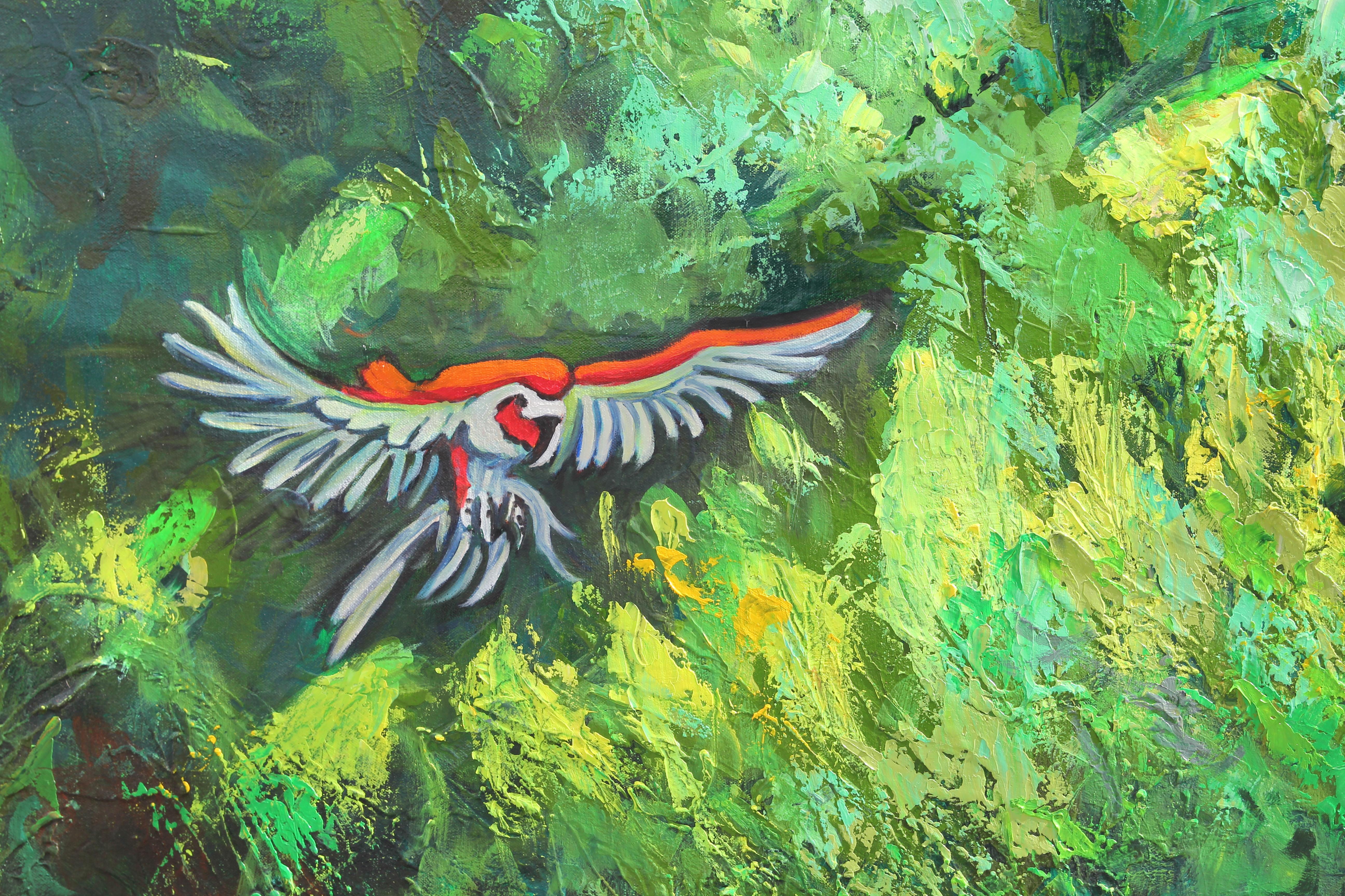 Large Scale Tropical Colorful Parrot Jungle Landscape Oil Painting - Gray Animal Painting by Leonard Robayo