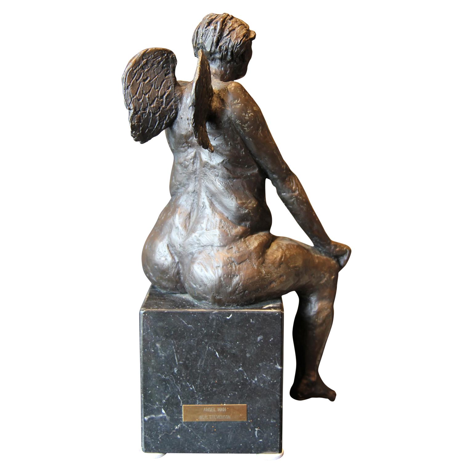 “Angel Man” Abstract Seated Nude Male with Cigar Bronze Sculpture - Gold Nude Sculpture by W.R. Stevenson