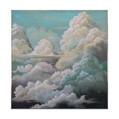 Large Blue and White Naturalistic Cloud Sunset Landscape Sky Painting