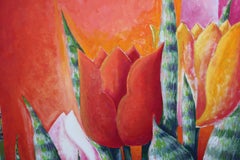 Large Orange Warm Toned Abstract Naturalistic Tulip Painting with Green Foliage