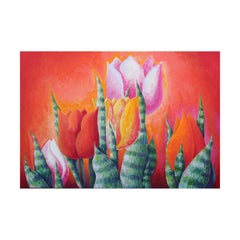Large Orange Warm Toned Abstract Naturalistic Tulip Painting with Green Foliage
