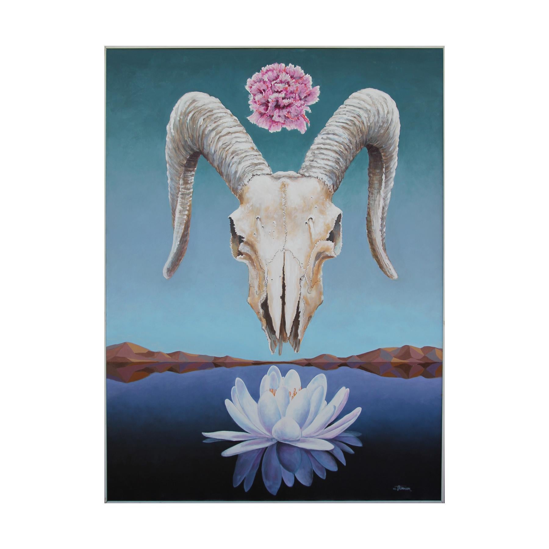 W. R. Stevenson Landscape Painting - Realist Georgia O’Keefe Style Surrealist Ram Skull Desert Painting with Flowers