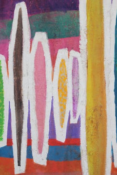 “827 Every Man is an Island” Long Colorful Abstract Painting in Green Frame