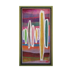 Vintage “827 Every Man is an Island” Long Colorful Abstract Painting in Green Frame