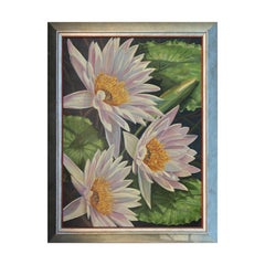Naturalistic Three White Lotus Waterlilies Still Life Landscape Painting