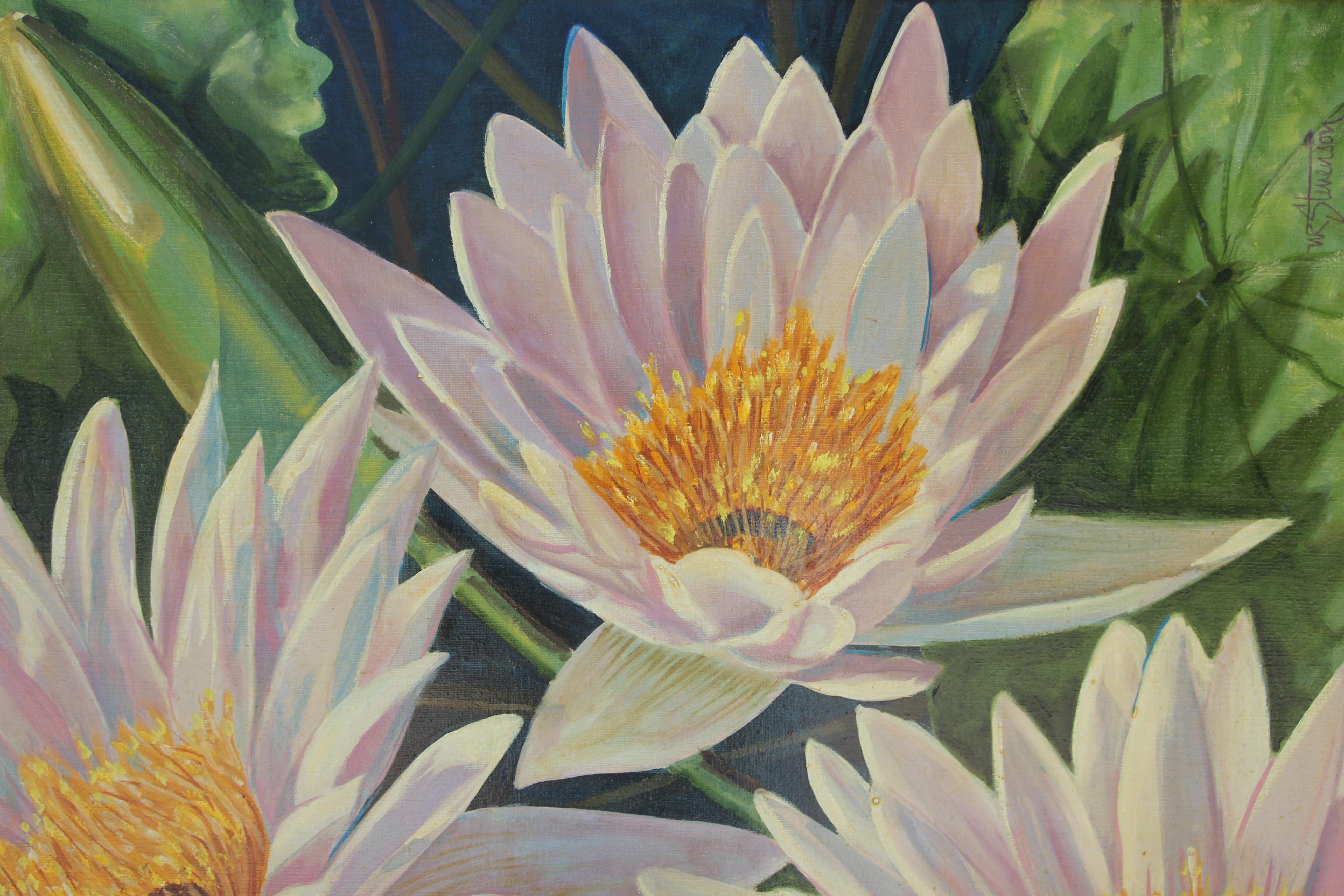 Nature morte naturaliste - Trois lotus blancs allongés - Peinture de paysage - Painting de W. R. Stevenson
