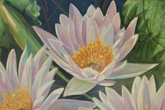 Naturalistic Three White Lotus Waterlilies Still Life Landscape Painting