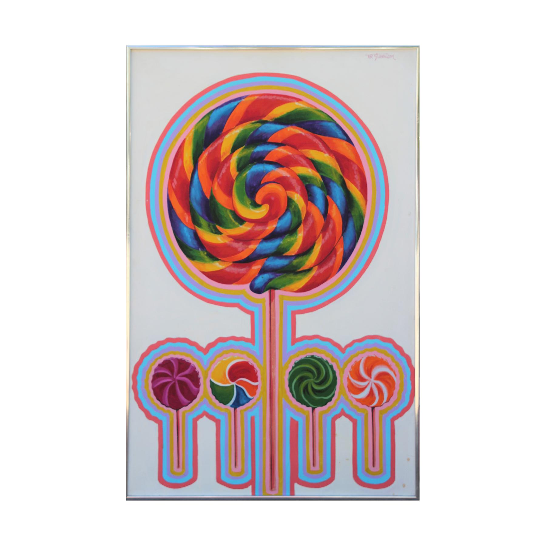 W. R. Stevenson Abstract Painting - Abstract Surrealist Vintage Colorful Rainbow Lollipop Painting