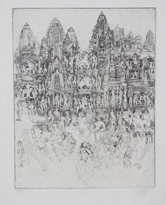 Naturalistic Print Etching of the Khajuraho Indian Heritage Site Monuments