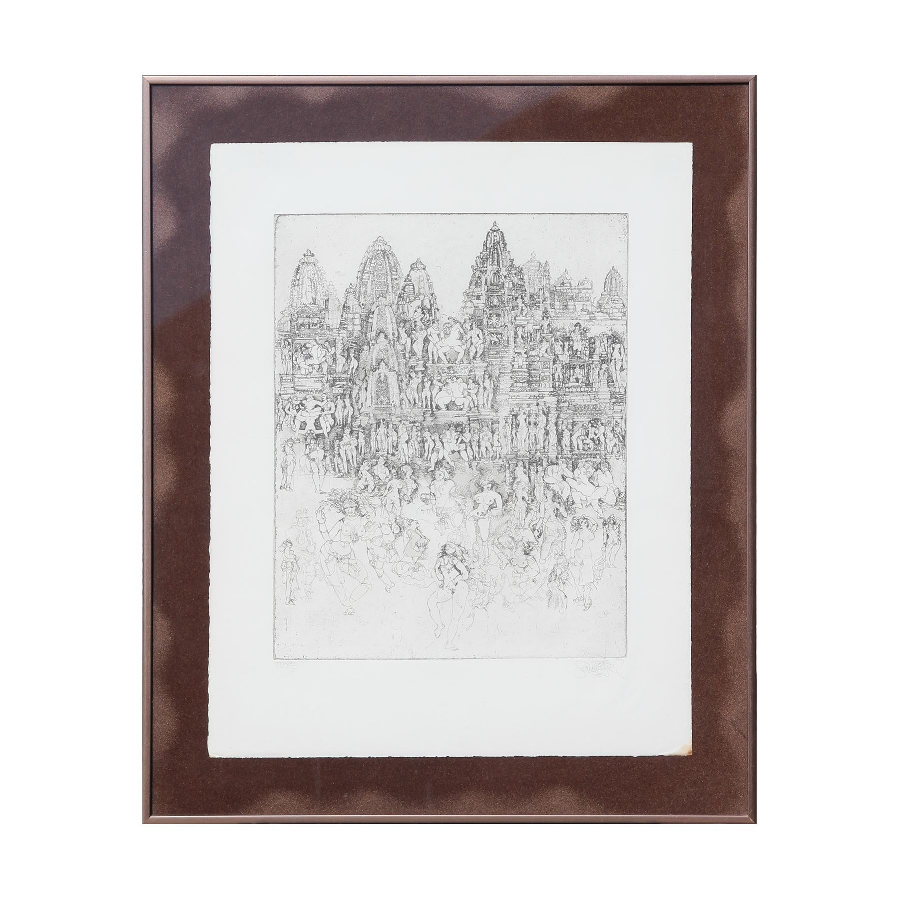 Jorg Schmeisser Figurative Print - Naturalistic Print Etching of the Khajuraho Indian Heritage Site Monuments