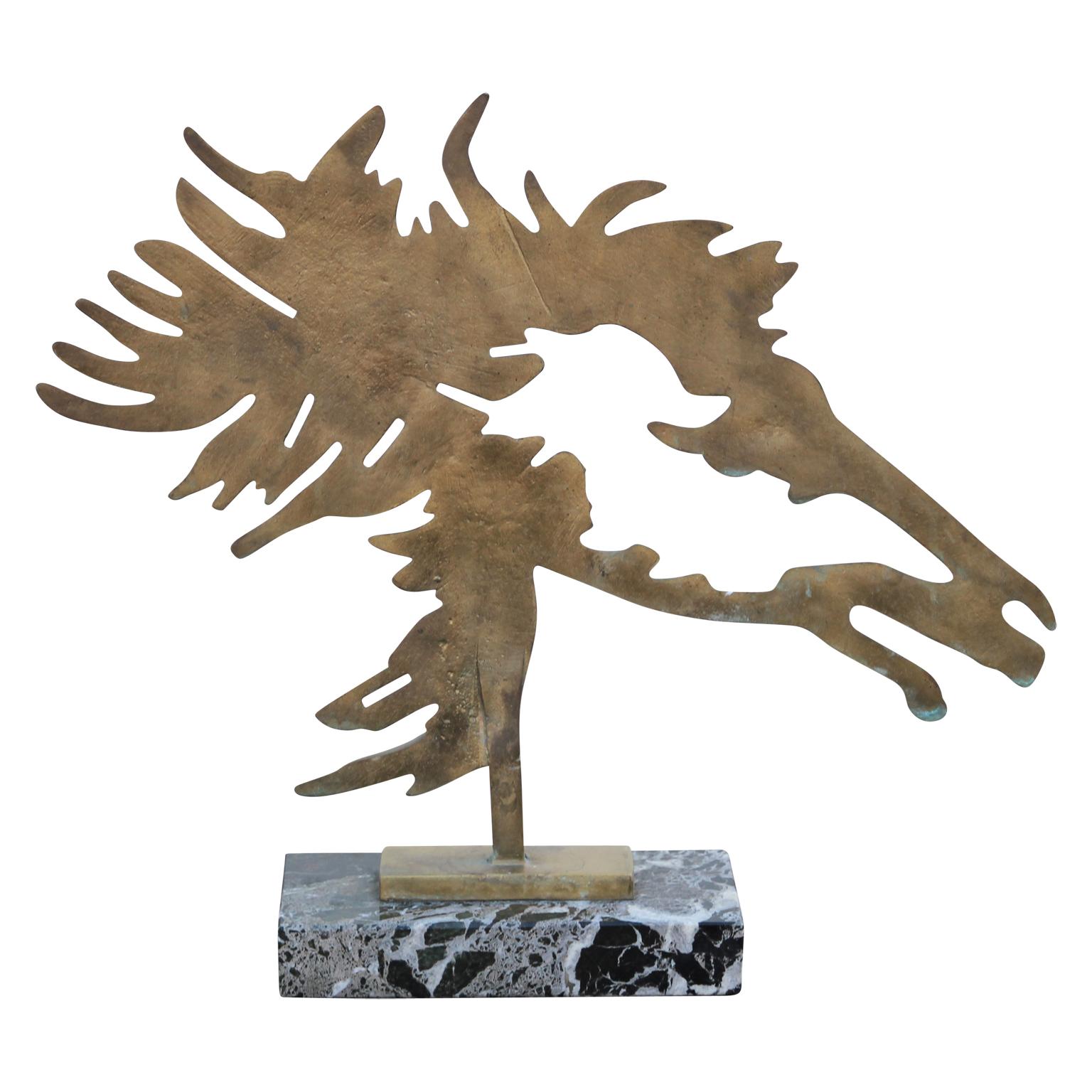 Magnifique sculpture de tête de cheval brutaliste en bronze, avec une crinière flottante et une base en marbre, dans le style de la sculpture 