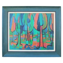 Modernist Blue and Orange Toned Impressionist Tree Landscape