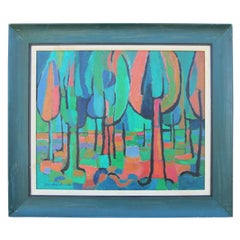 Modernist Blue and Orange Toned Impressionist Tree Landscape