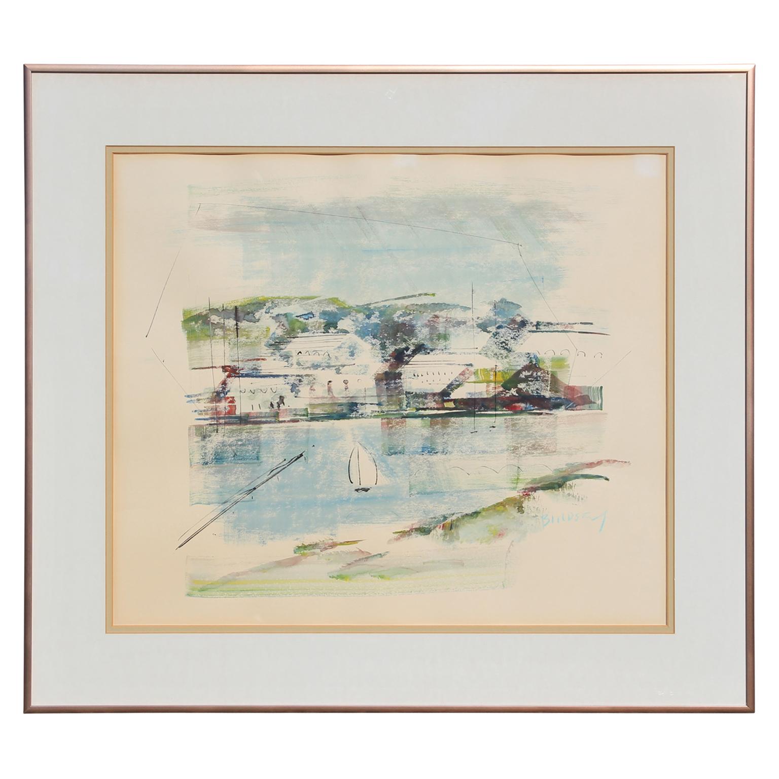 Alfred Birdsey Abstract Drawing - Abstract Impressionist Watercolor Tropical Bermuda Seascape with Sailboat