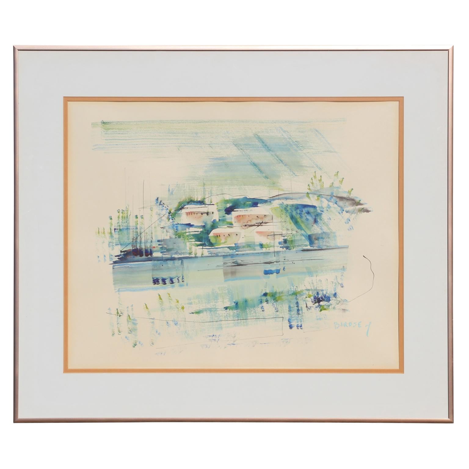 Alfred Birdsey Abstract Drawing - Abstract Impressionist Watercolor Tropical Bermuda Seascape Nautical Port Scene