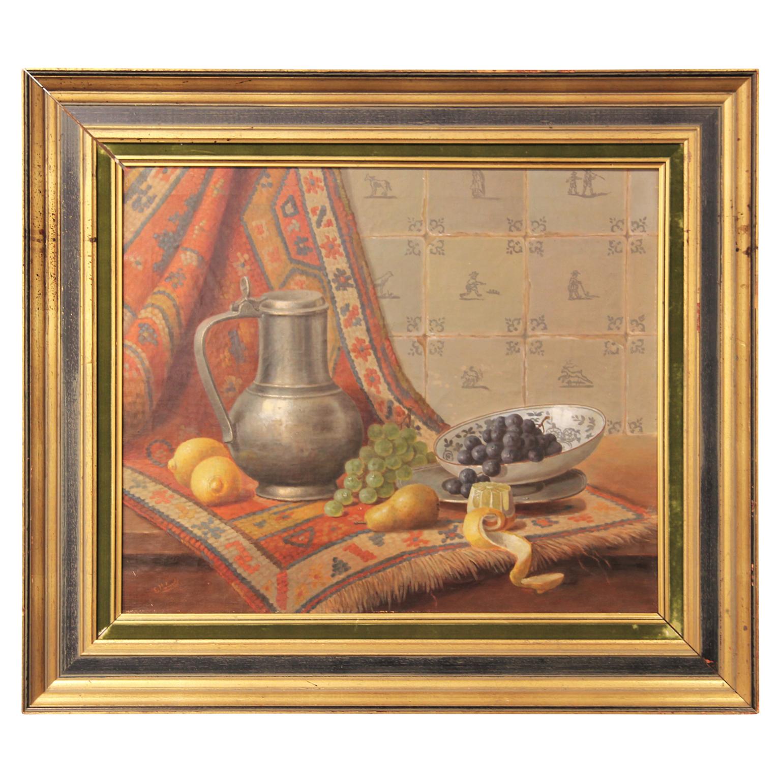 Interior Painting Eduard Peter Moleveld - Nature morte classique hollandaise d'intérieur d'une cruche à eau, de fruits et de tapisserie