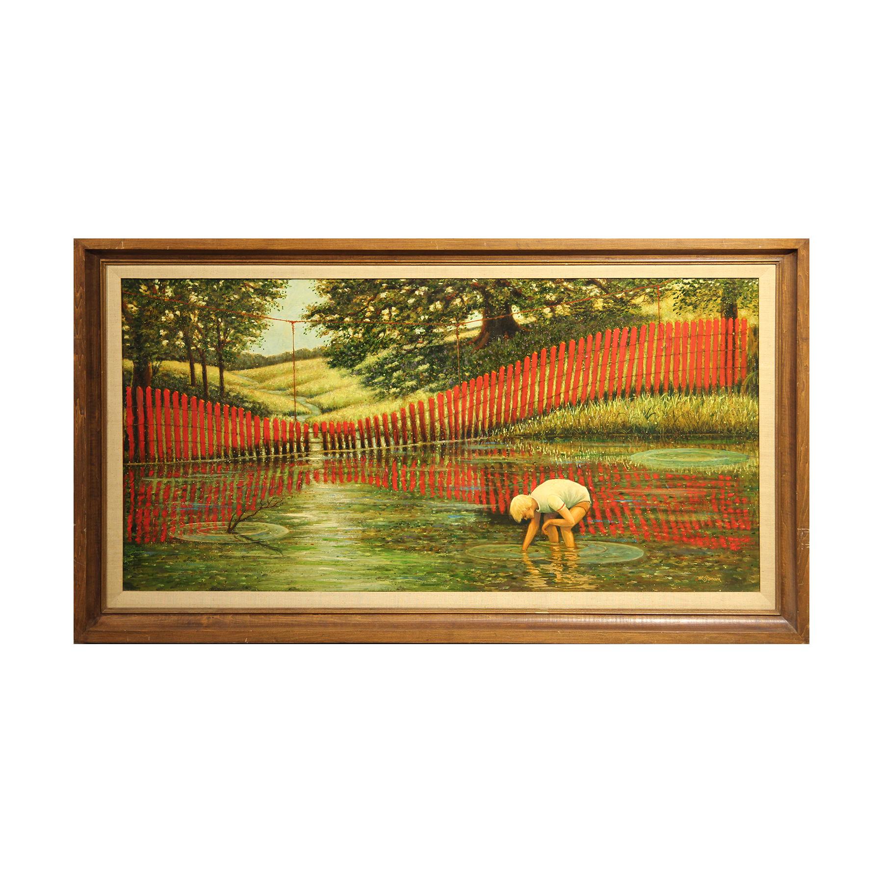 W. R. Stevenson Landscape Painting - Naturalistic Portrait of a Young Boy by a Red Fence Pastoral Country Painting