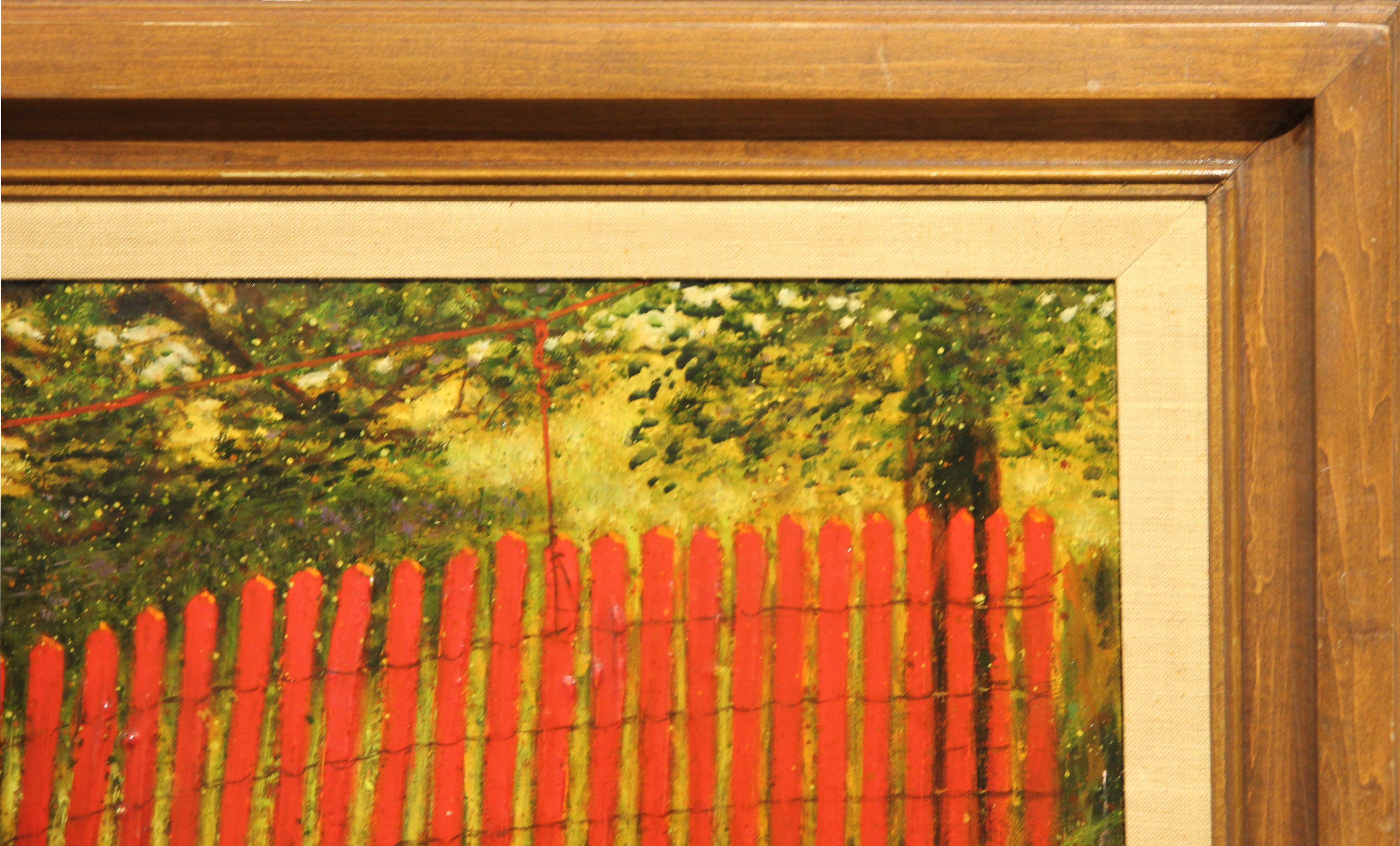 Naturalistic Portrait of a Young Boy by a Red Fence Pastoral Country Painting For Sale 2