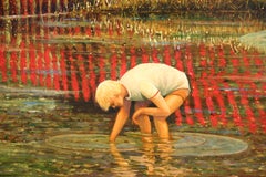 Naturalistic Portrait of a Young Boy by a Red Fence Pastoral Country Painting
