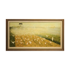 Vintage Naturalistic Pastoral Country Scene of Tractor & White Cattle Egrets in a Field