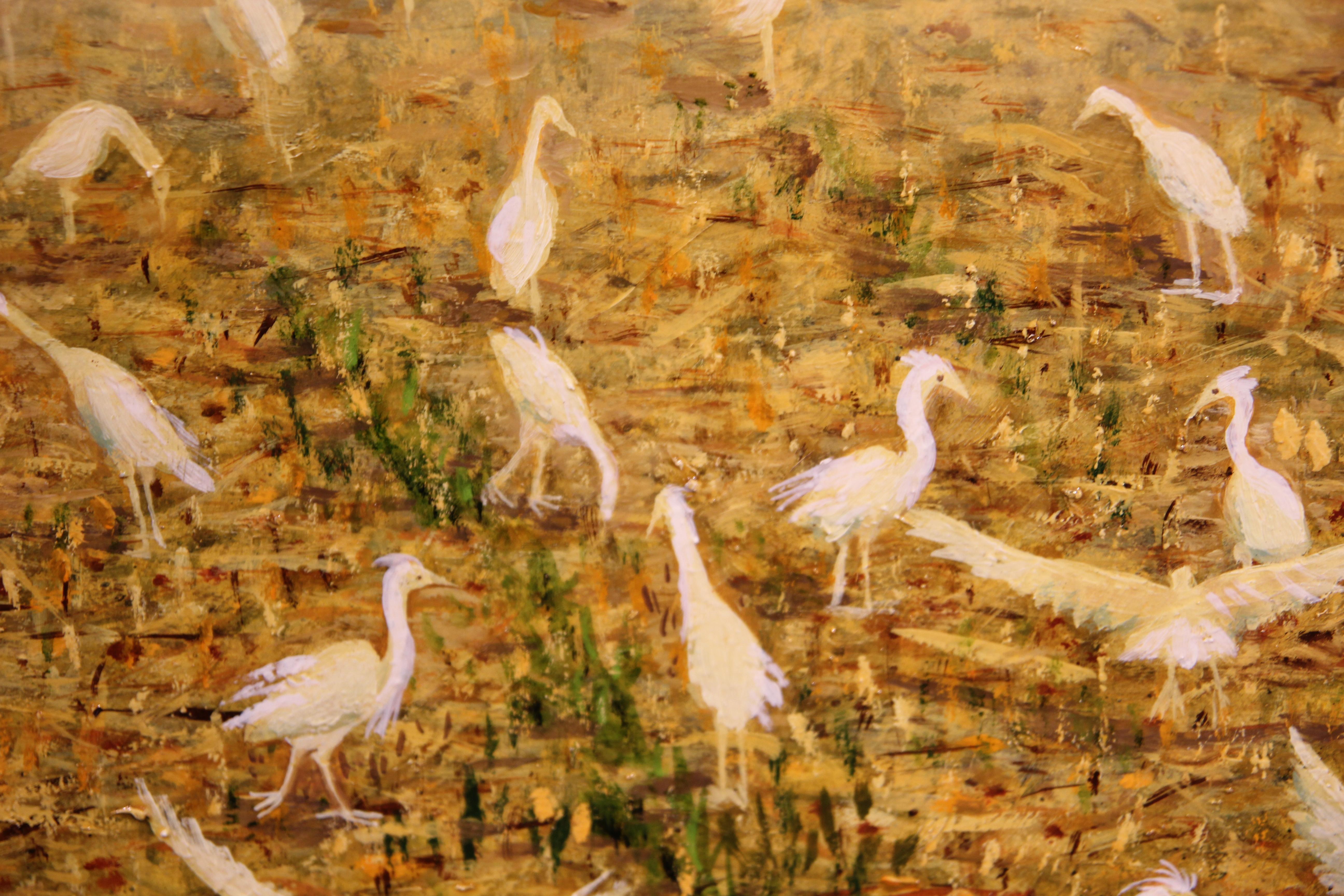 Naturalistic Pastoral Country Scene of Tractor & White Cattle Egrets in a Field - Painting by W. R. Stevenson