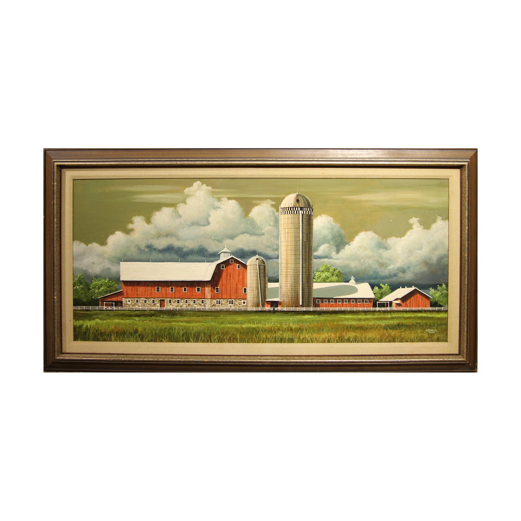 W. R. Stevenson Figurative Painting - "After the Storm" Red Barn and Silos Pastoral Country Landscape Painting